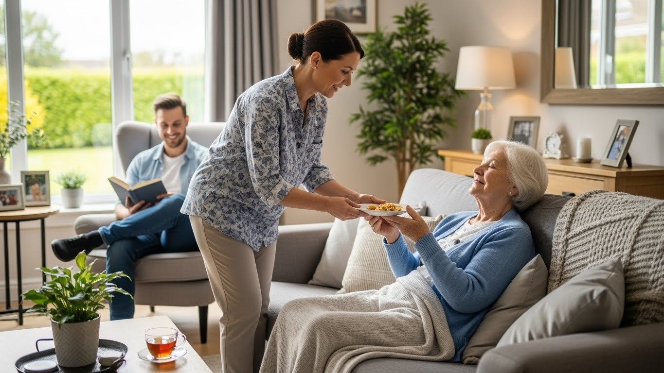 A woman is serving food to an elderly woman sitting on a sofa in a living room while a man reads a book in the background.