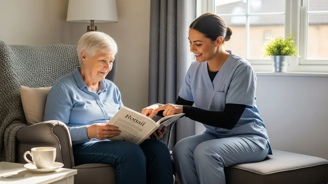 Nurse showing a magazine to elderly woman sitting on a sofa in a living room.