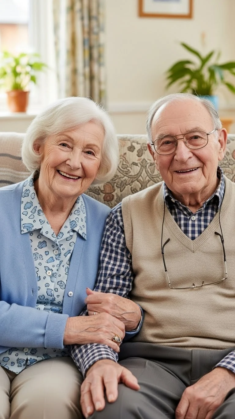 An elderly couple sitting together on a sofa in a cozy living room, smiling at the camera.