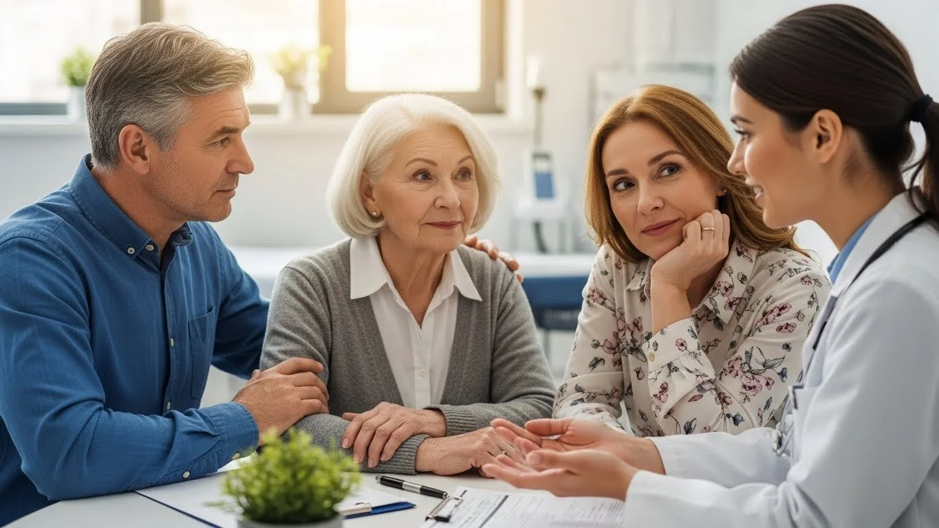 A medical professional in a white coat explaining a health concern to a group of four people, including an elderly woman, in a consultation room.