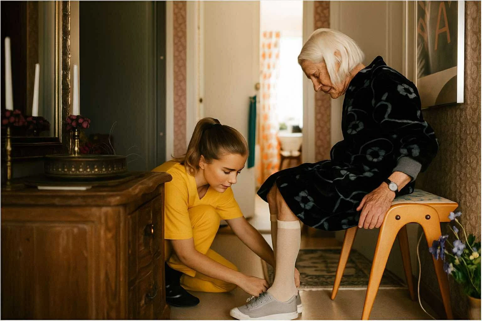 A young woman helping an elderly woman put on her shoe in a cozy home interior.
