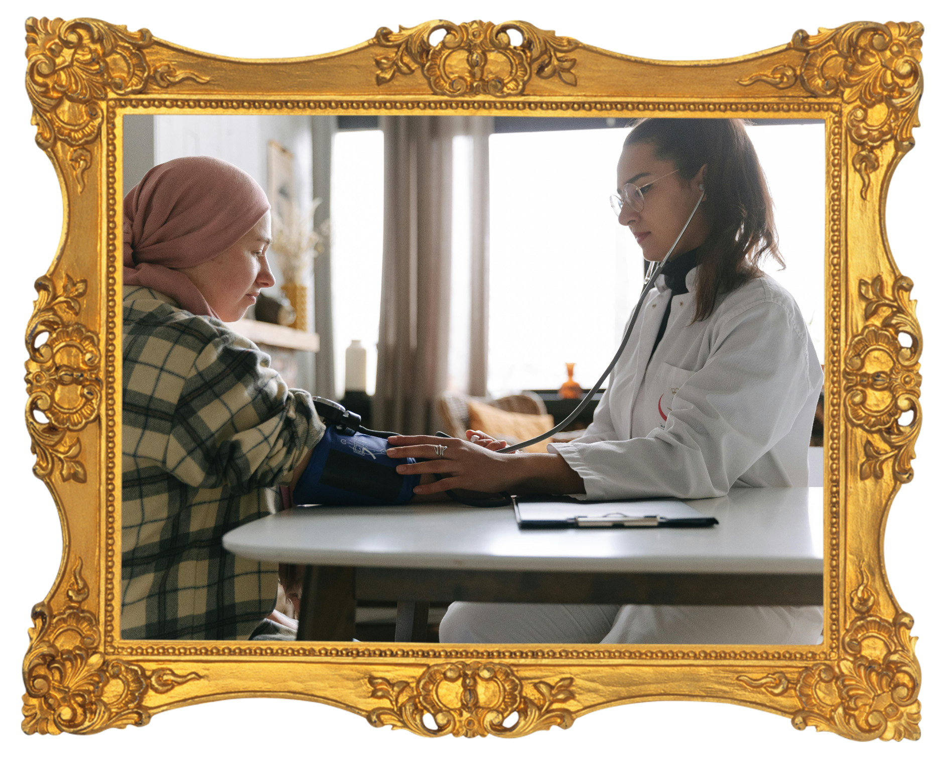 A female healthcare professional measuring a young woman's blood pressure with a cuff, inside a well-lit room.