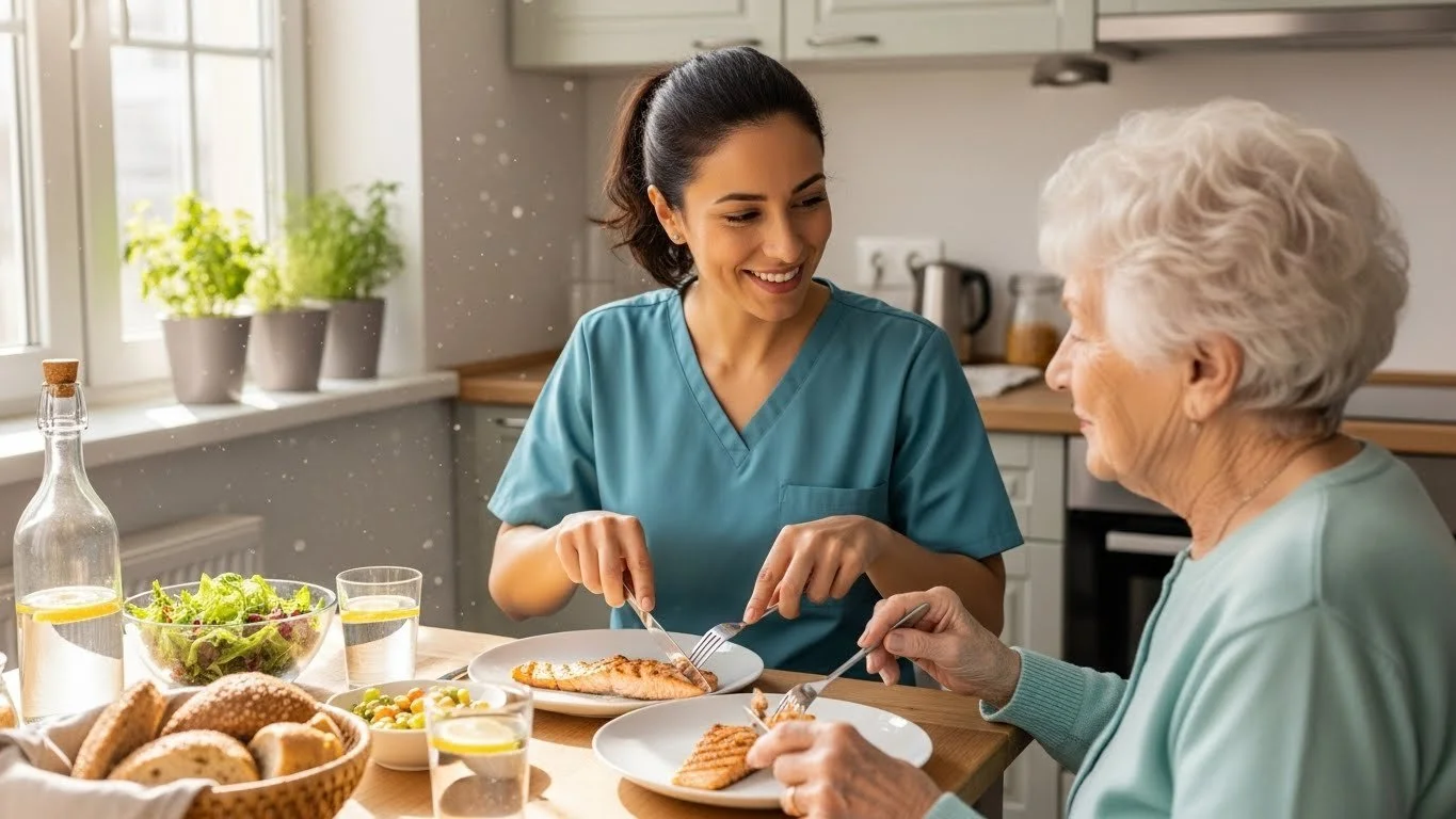 A young female caregiver and an elderly woman enjoying a meal together at a kitchen table.
