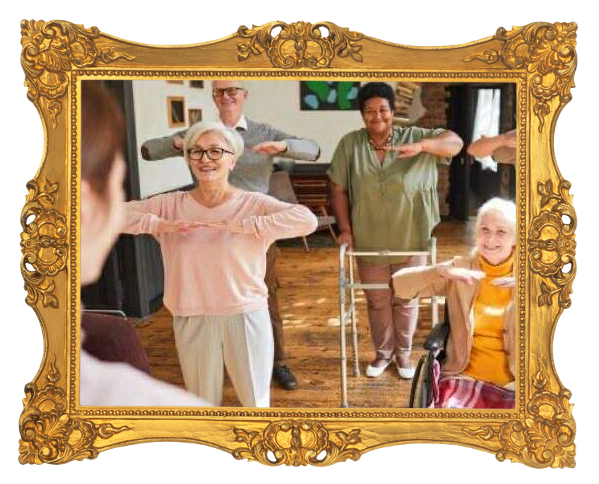 Group of elderly people dancing and enjoying a fitness class in a room with hardwood floors, some using walkers, supervised by an instructor.