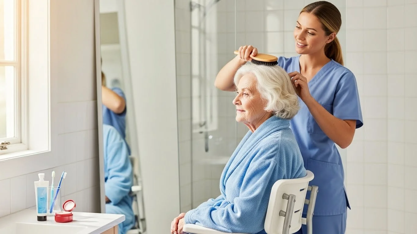 A young caregiver brushing the hair of an elderly woman in a bathroom.