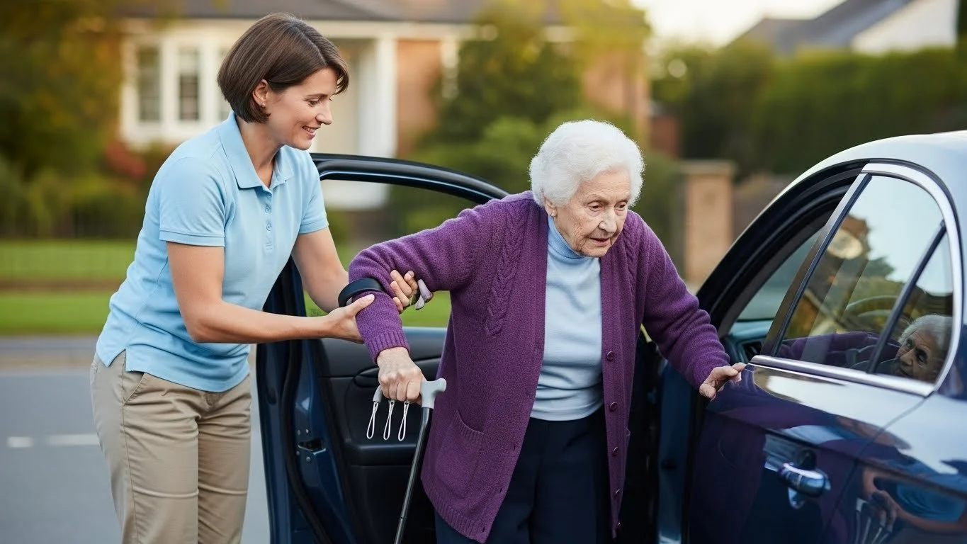 A young woman helping an elderly woman get into a car, with the elderly woman using a cane, as they stand outside near a neighborhood with houses and greenery.