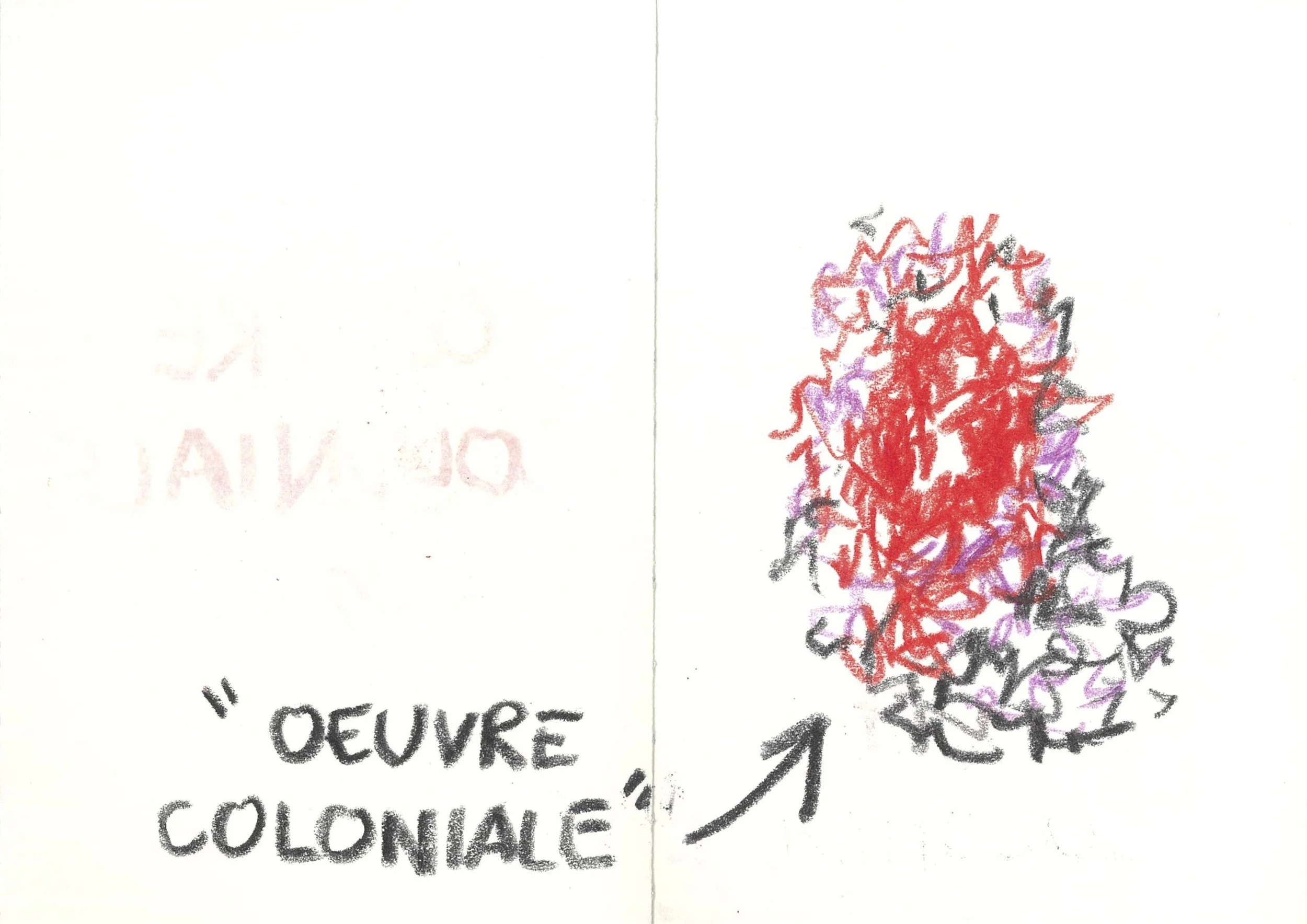 Dessin d'un chien coloré avec des traits rouges, noirs et violets, avec une croix blanche sur le torse, accompagnant le texte "OEUVRE COLONIALE" et une flèche pointant vers l'image.