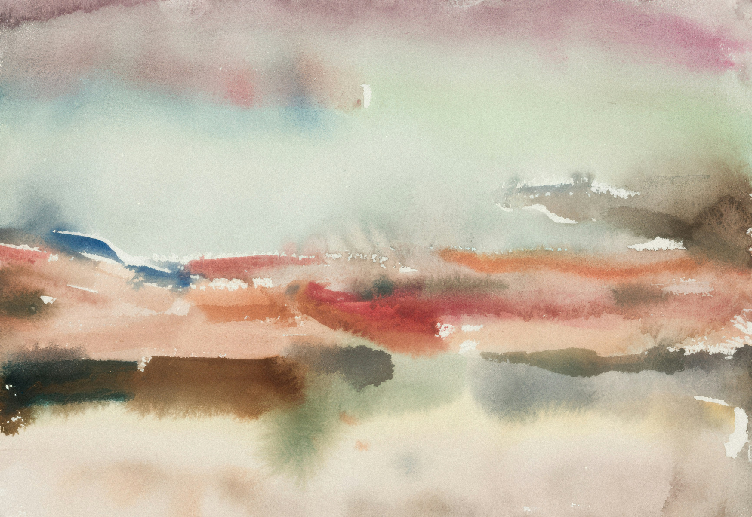 Abstract watercolor painting featuring soft pastel colors with hints of pink, blue, green, and brown blending seamlessly in a blurry landscape style.
