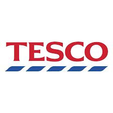 Tesco logo with red text and blue stripes on a white background.