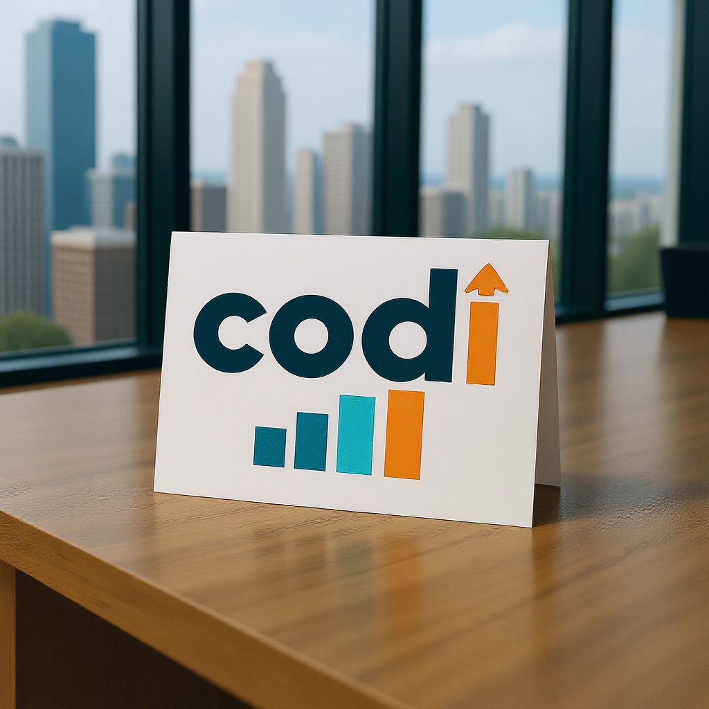 Conference room sign with the word 'cod' and upward trending bar graph, city skyline view through windows in background.