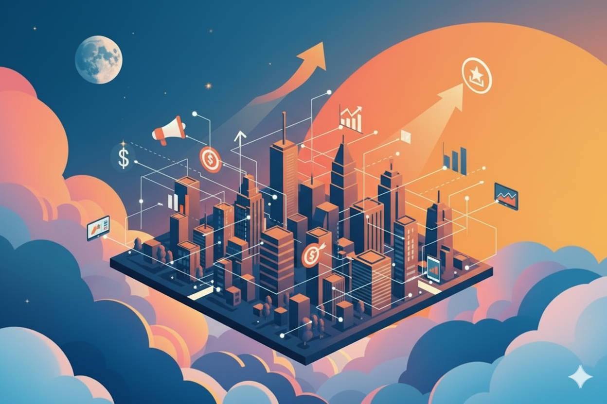 Digital illustration of a city skyline with interconnected data icons, upward arrows, a luna moon, and a cloud-filled sky, symbolizing growth and technology. This is a metaphor for a multi faceted consultancy business.