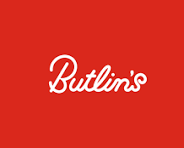 Red background with white text reading 'Butlin's' in script font.
