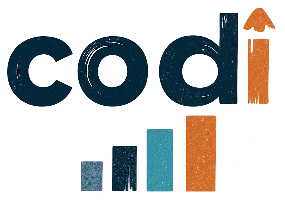 The word 'codi' written in large, textured letters with a bar graph below it showing increasing values, symbolizing growth or progress in coding or data. "Codi" is welsh for "elevate".