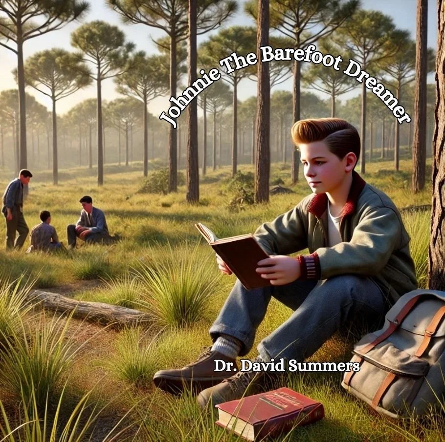 A young boy sitting on the grass in a forest, reading a book with a backpack nearby. In the background, three other boys are sitting and standing, appearing to discuss. The scene is serene with tall trees and soft sunlight. Text over the image reads 'Johnnie The Barefoot Dreamer' and 'Dr. David Summers'.