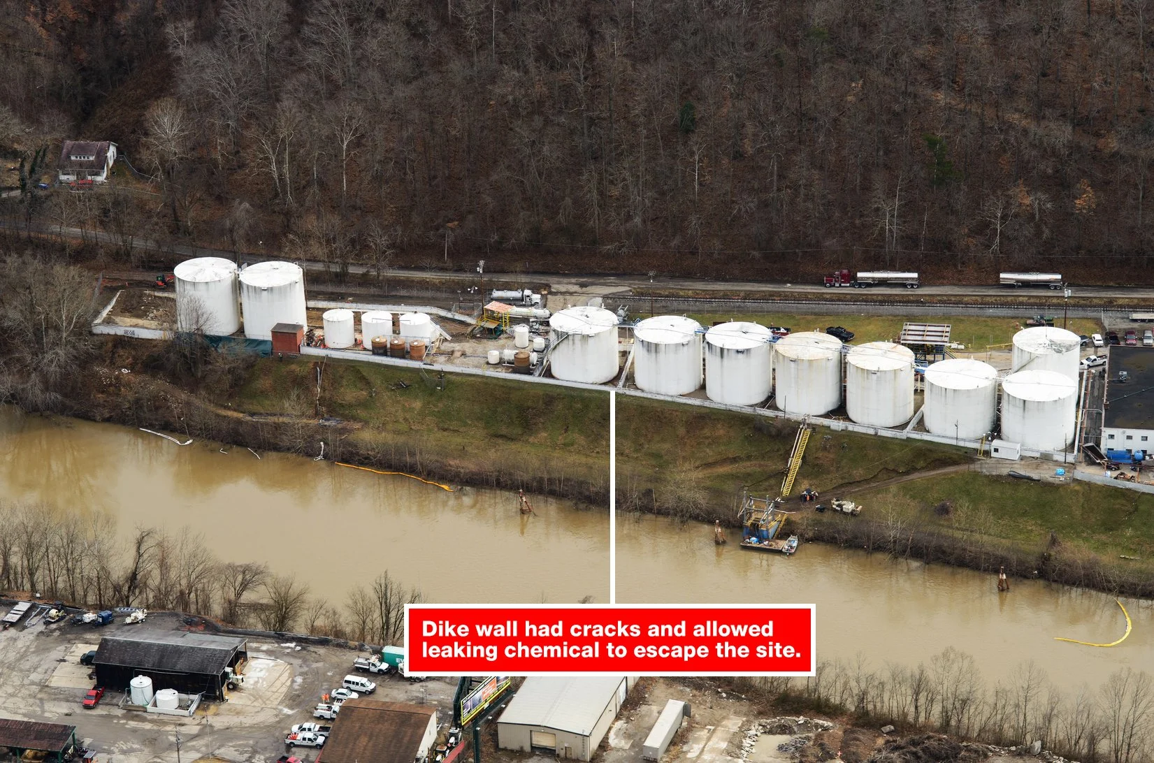 Aerial view of a chemical storage site with multiple large white tanks near a river and a railroad track. Cracks are visible in the dike wall, allowing leaked chemicals to escape. Several vehicles and machinery are present around the site.
