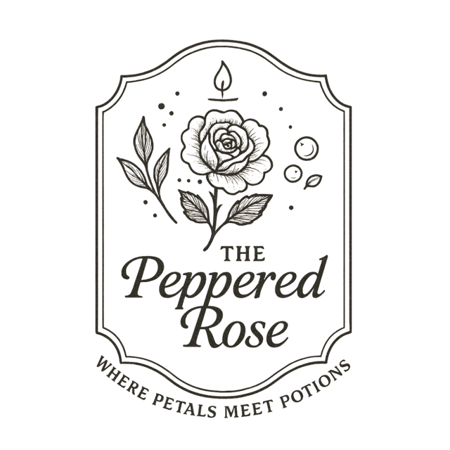 Logo for The Peppered Rose with a rose illustration and candle flame at the top, and the tagline 'Where Petals Meet Potions'.