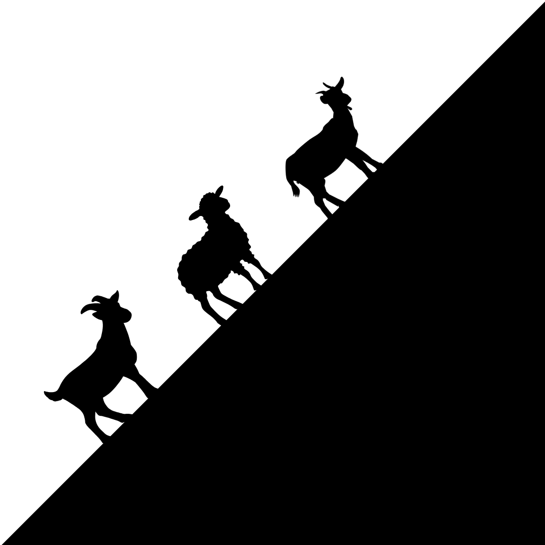 Silhouettes of goats climbing up a steep hill with a black and white background.