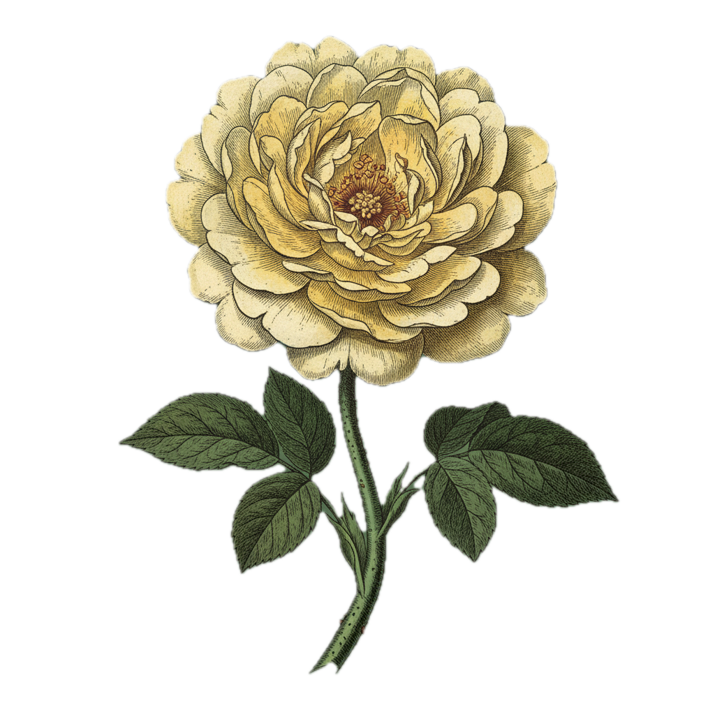 Illustration of a beige rose flower with green leaves and a detailed stem.