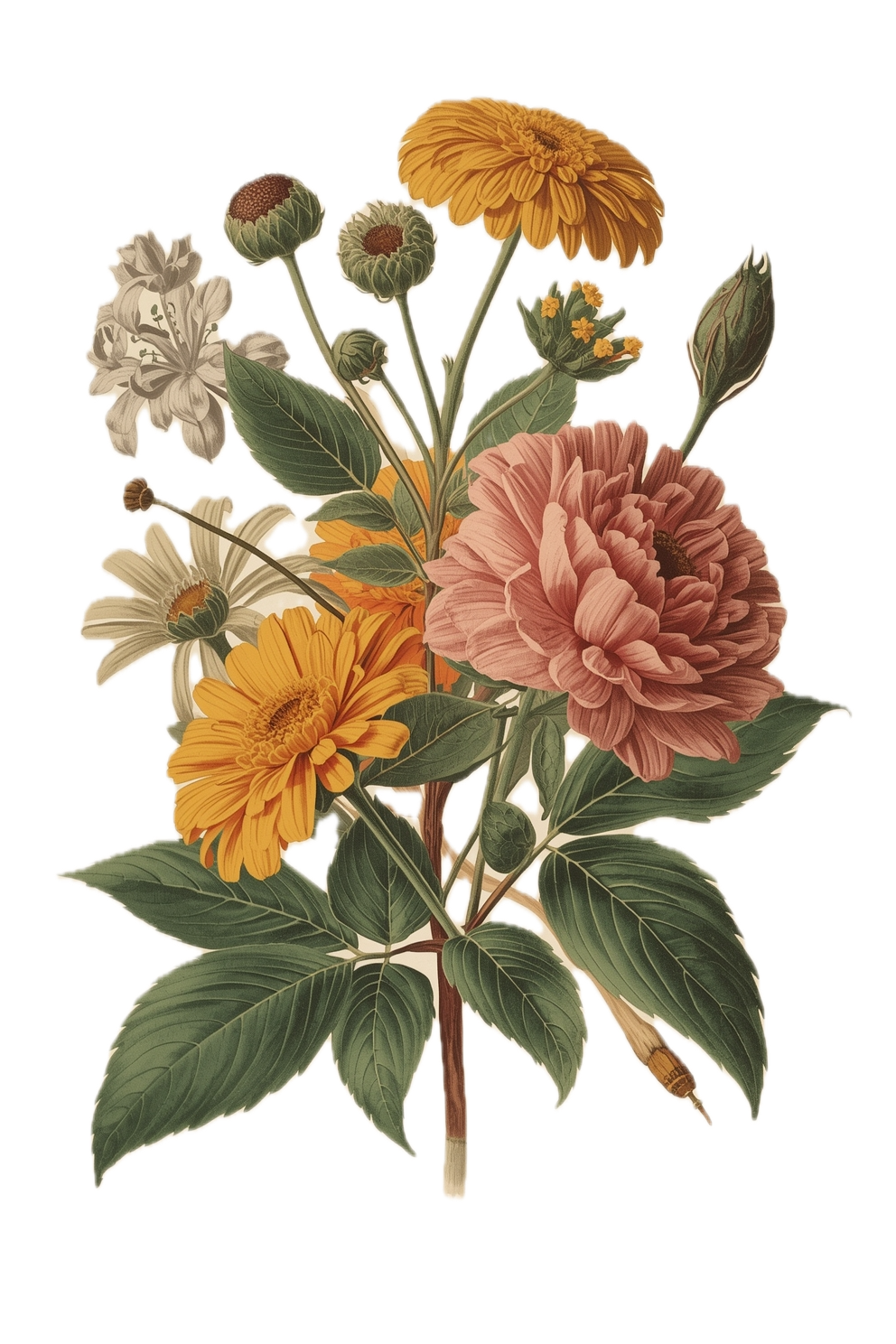 A bouquet of assorted flowers including large pink and yellow blossoms, smaller white daisies, unopened flower buds, and green leaves.