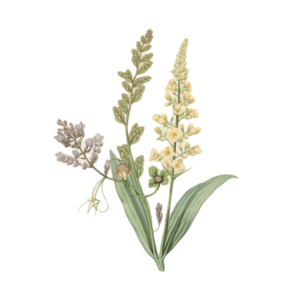 Illustration of a sprig of herbs, including thyme, oregano, and sage.