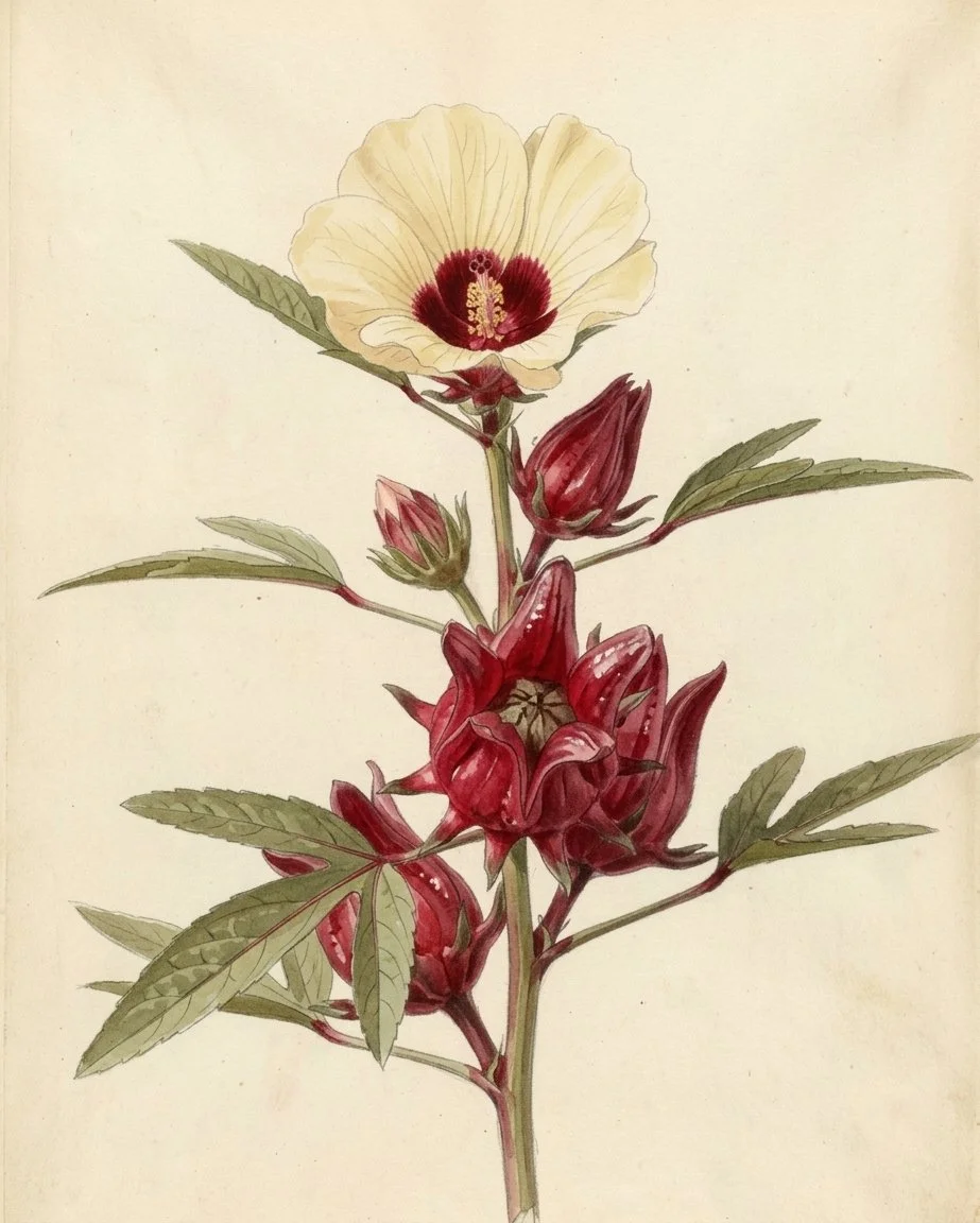 Roselle hibiscus in flower, with its ruby-red calyces, a coloured botanical plate