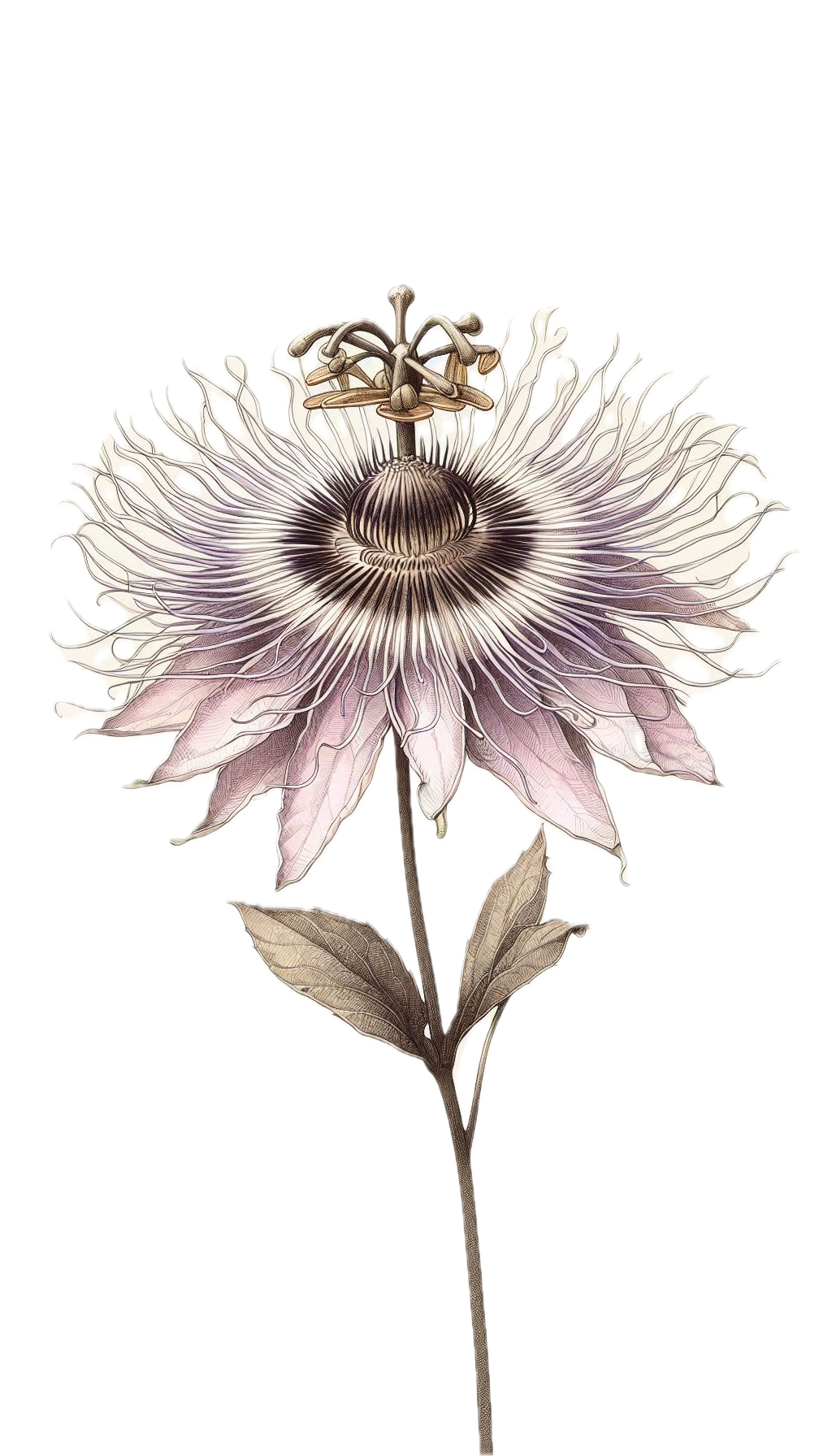 Detailed illustration of a passion flower with intricate petals and reproductive structures.