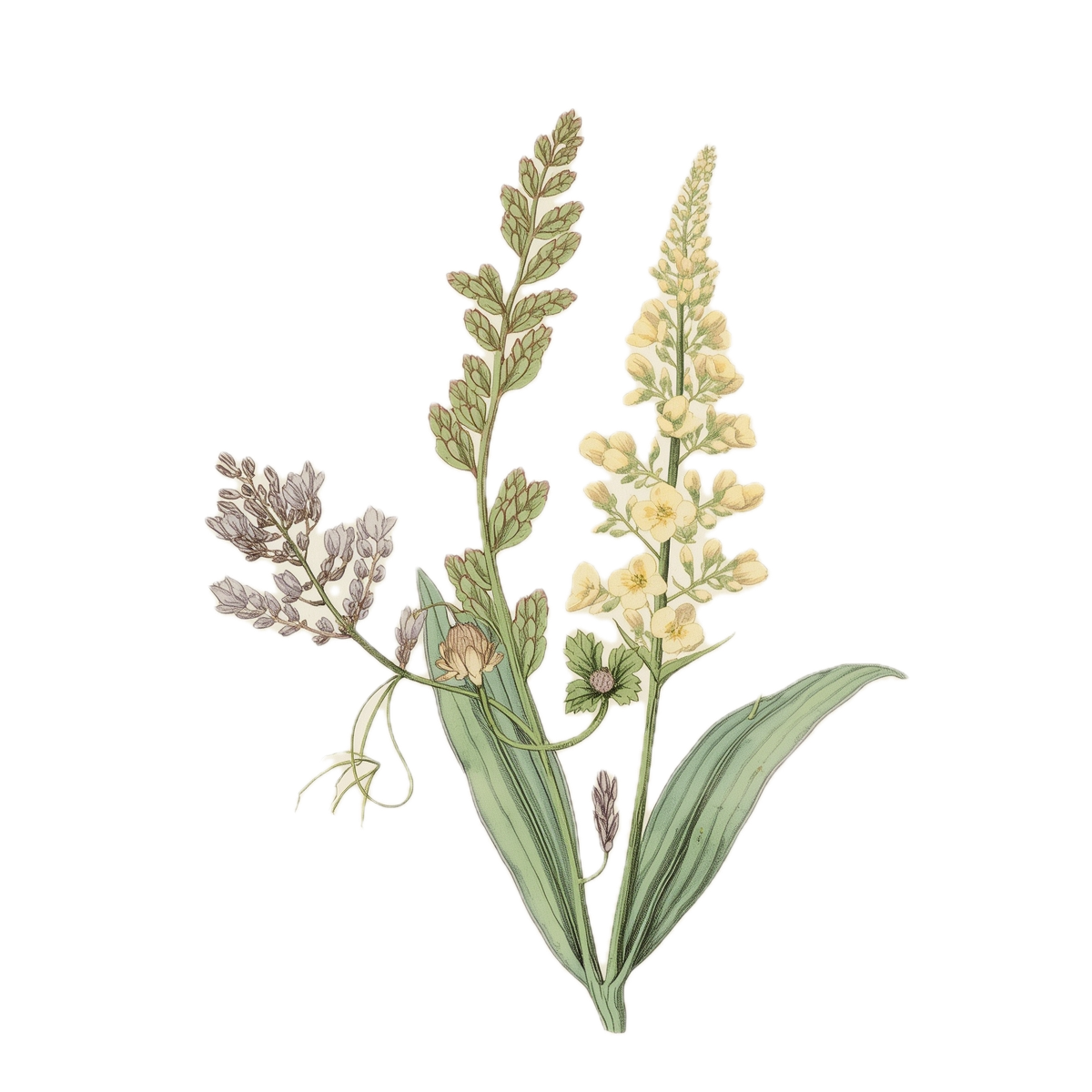 Illustration of a plant with three flowering stalks and green leaves.