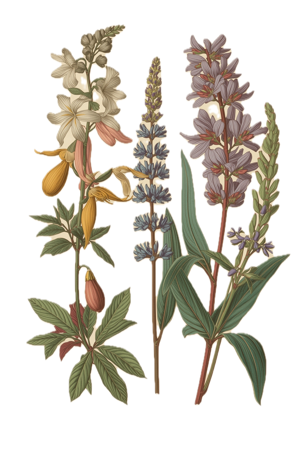 Illustration of several flowering plants, including lavender, yarrow, and sage.