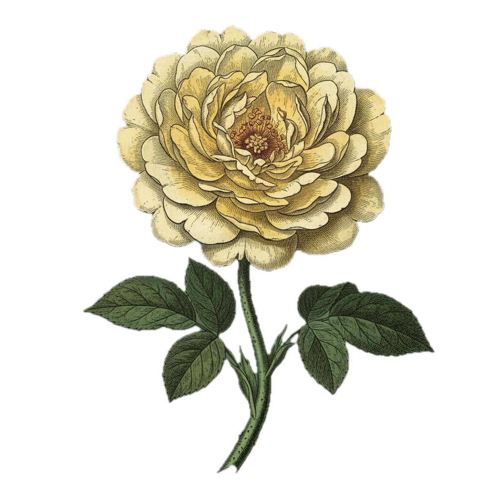 A detailed vintage illustration of a beige rose with green leaves.