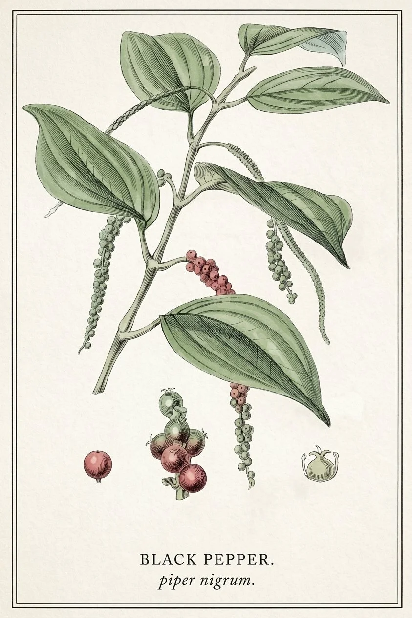 Black pepper vine with ripening berries, a botanical plate