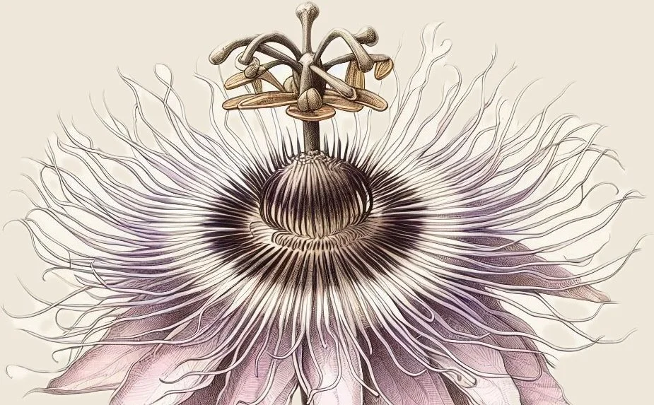 Passionflower in bloom, a botanical illustration