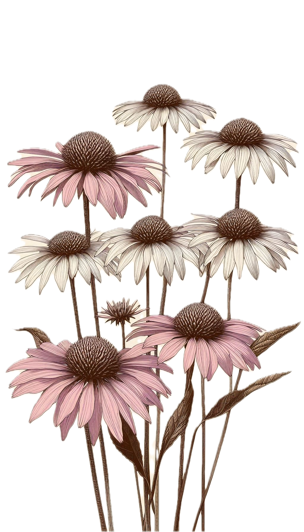 Digital illustration of six coneflowers with pink and white petals and dark centers, varying in height and arranged in a bouquet.
