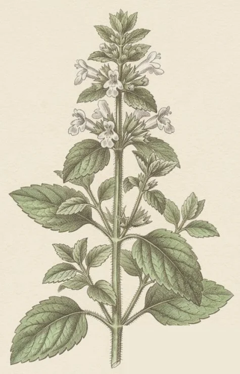 Lemon balm in flower, an engraving-style illustration