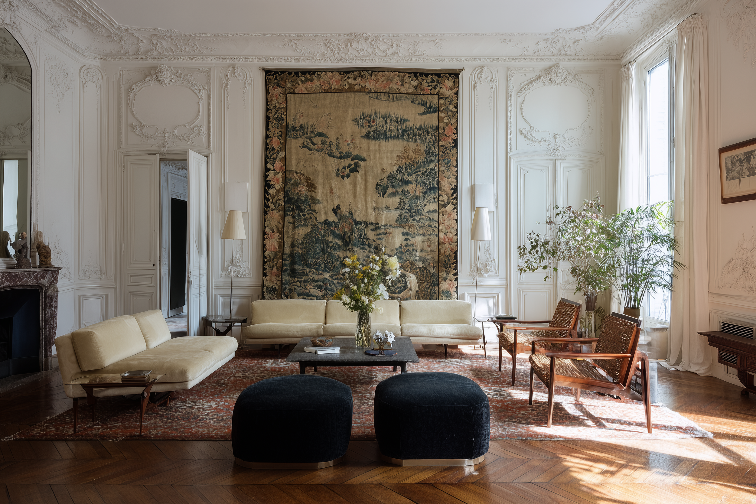 Salon élégant avec des canapés, des fauteuils en bois, des poufs noirs, une grande tapisserie murale, plantes en pot et une cheminée en marbre, avec une lumière naturelle entering par une grande fenêtre.