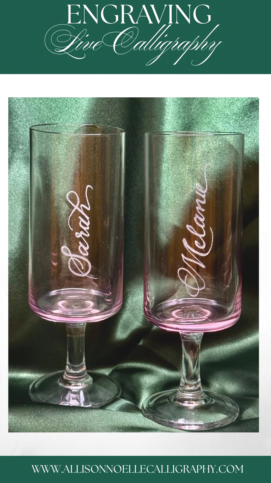 Two pink-tinted champagne flutes with the words 'Sarah' and 'Melissa' engraved on them, set against a dark satin background.