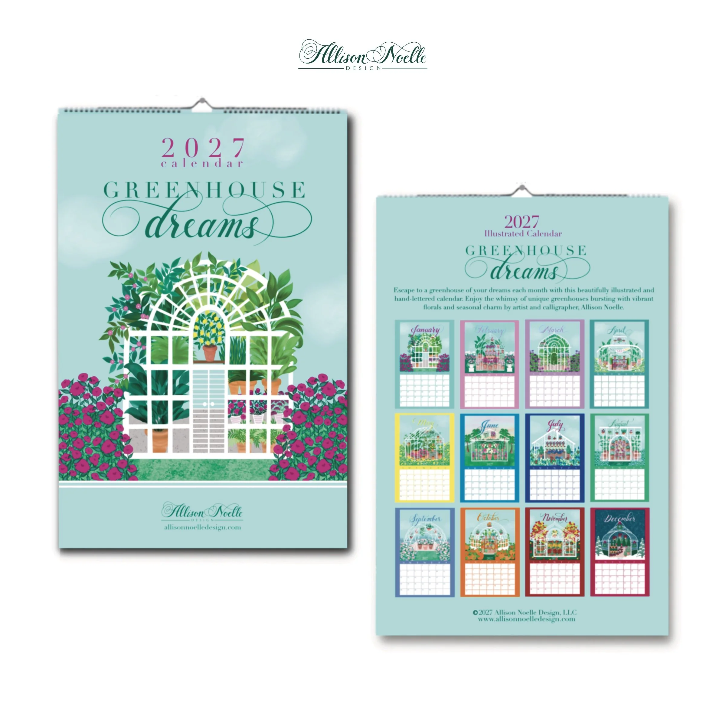 2027 illustrated calendar titled "Greenhouse Dreams" featuring a greenhouse with plants and flowers, with a grid of months and dates.