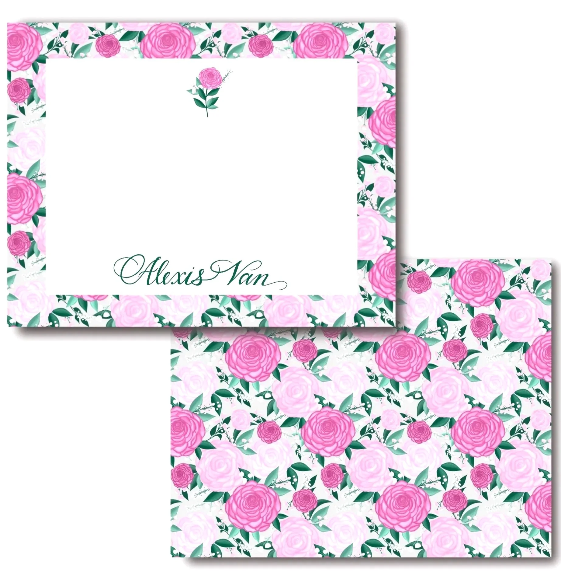 Pink roses personalized stationery with hand-lettered calligraphy.