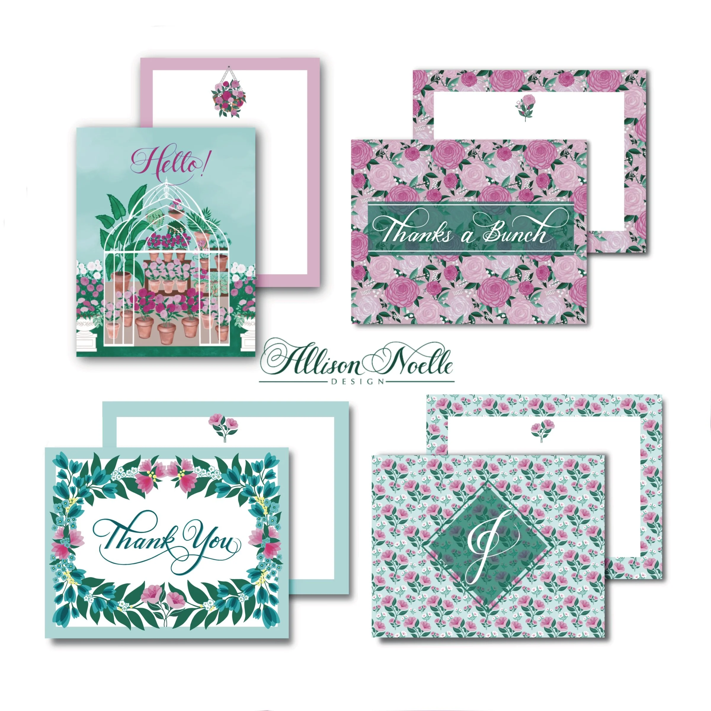 A collection of floral-themed greeting cards with messages such as 'Hello!' and 'Thanks a Bunch.' The cards feature various colorful flower patterns and decorative elements.