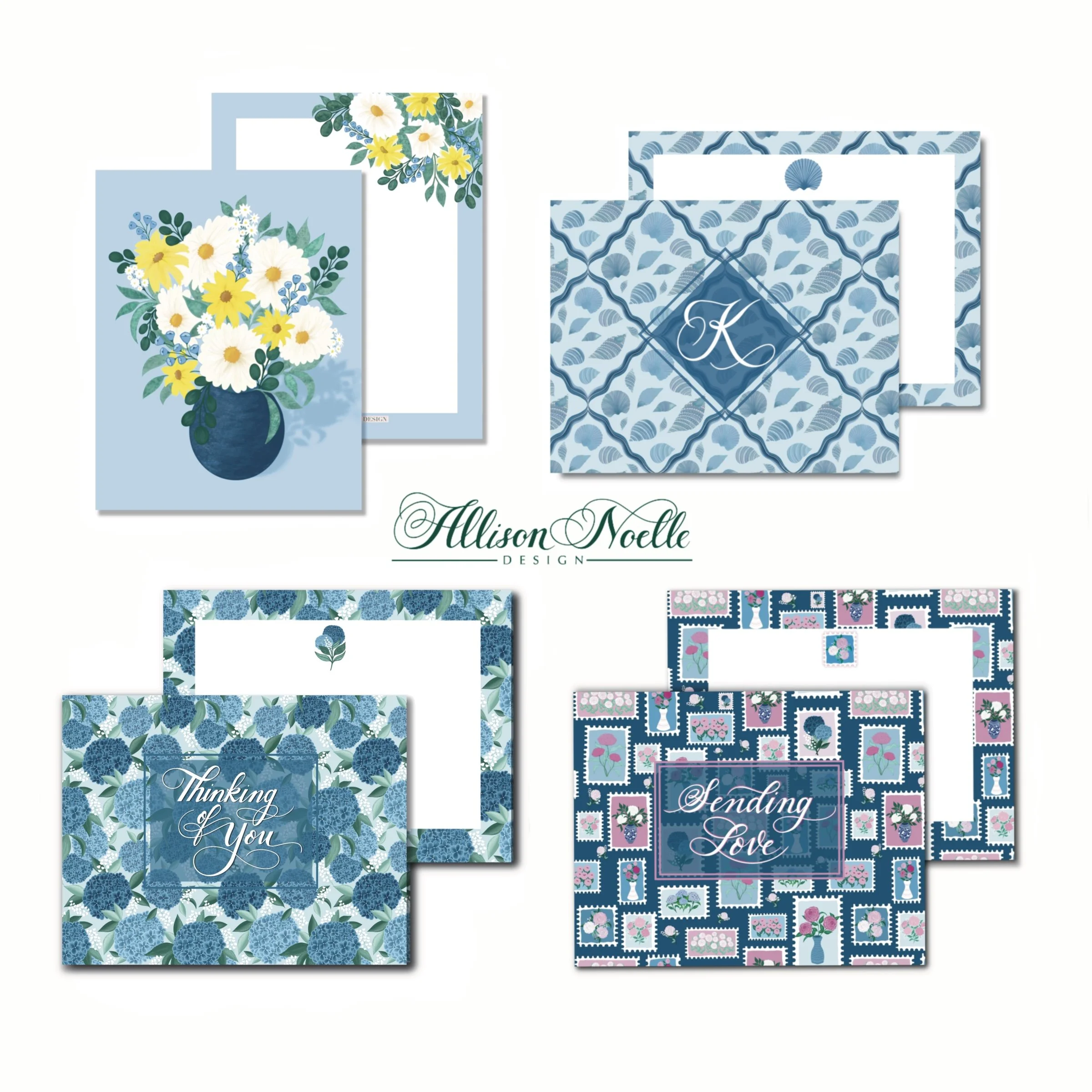 Various floral greeting card designs and frames in blue tones with floral and shell patterns, featuring words like "Thinking of You," "Sending Love," and initials.
