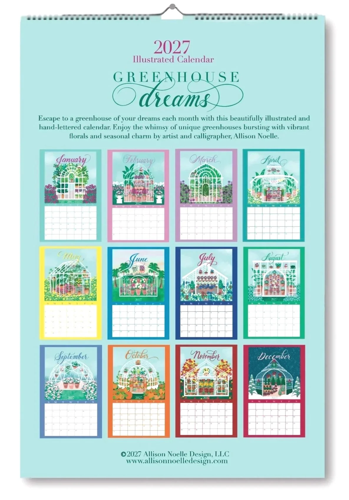 2027 illustrated calendar by Allison Noelle Design featuring colorful greenhouse designs for each month.