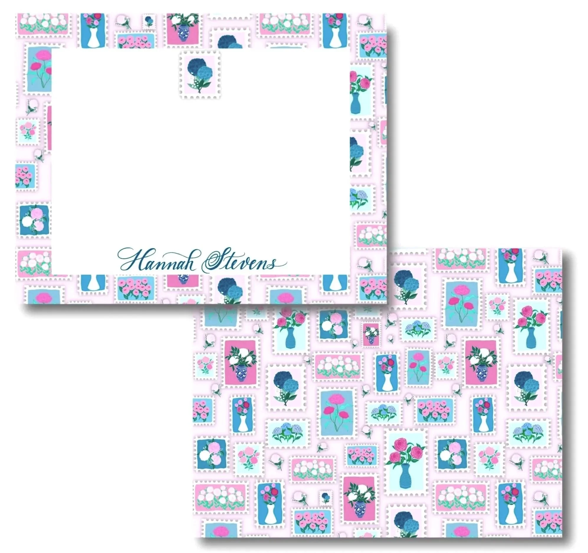 A personalized note card with a floral and postage stamp design border, featuring pink, blue, and green colors. The card has a white space for a message and is signed with the name Hannah Stevens.