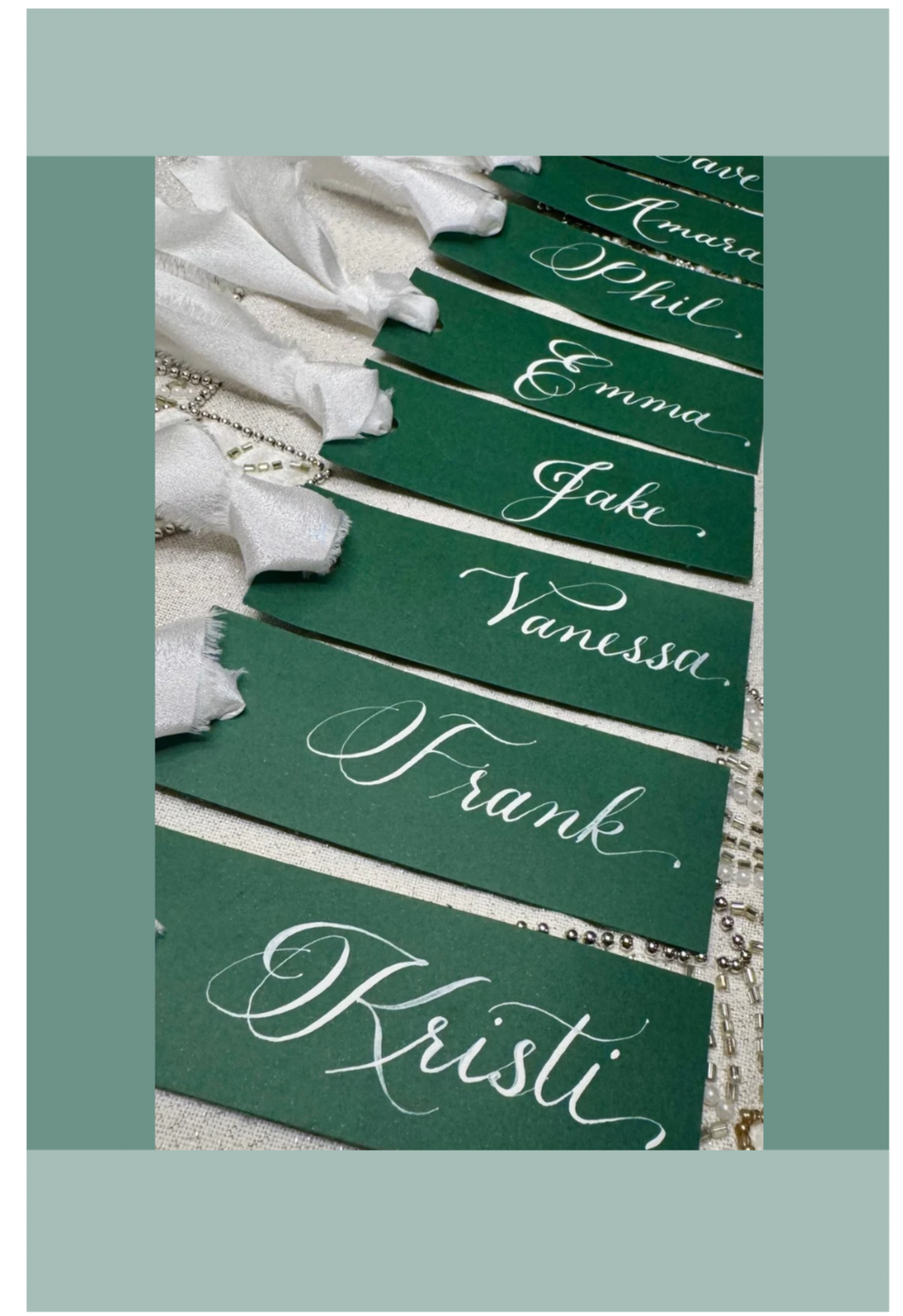 Calligraphy place cards, green with white ink.