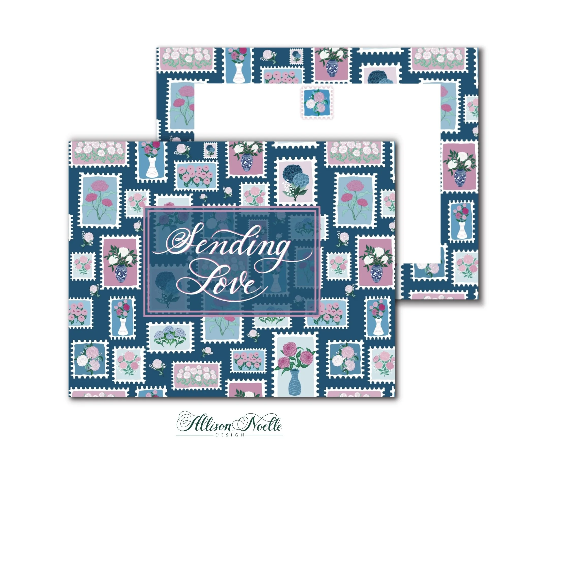 Sending Love Floral Stamps Notecards (navy blue)