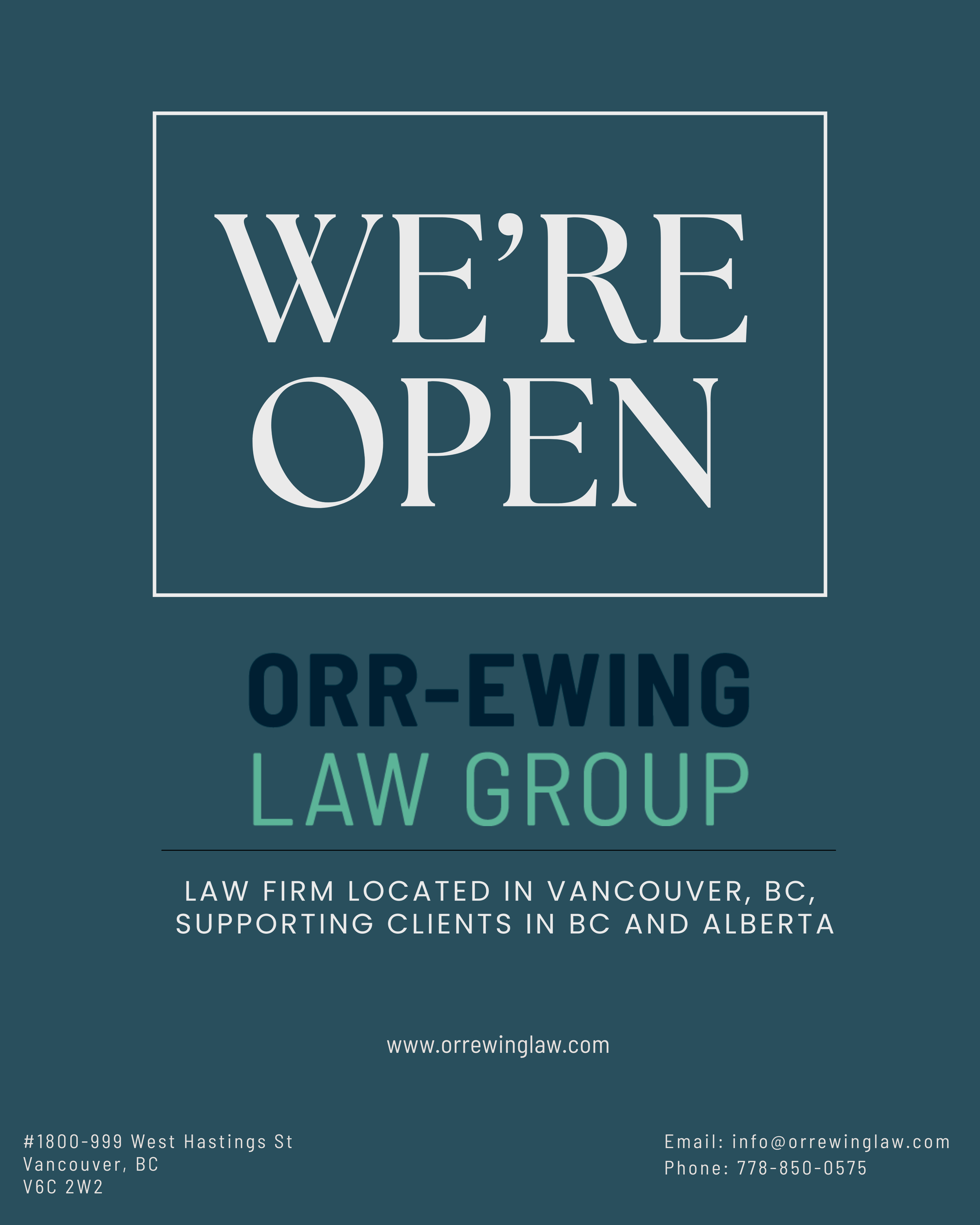 We’re excited to announce the launch of Orr-Ewing Law Group! Based in Vancouver, BC, and proudly serving clients across British Columbia and Alberta, we’re here to provide clear, compassionate, and results-driven legal support in personal injury, ins