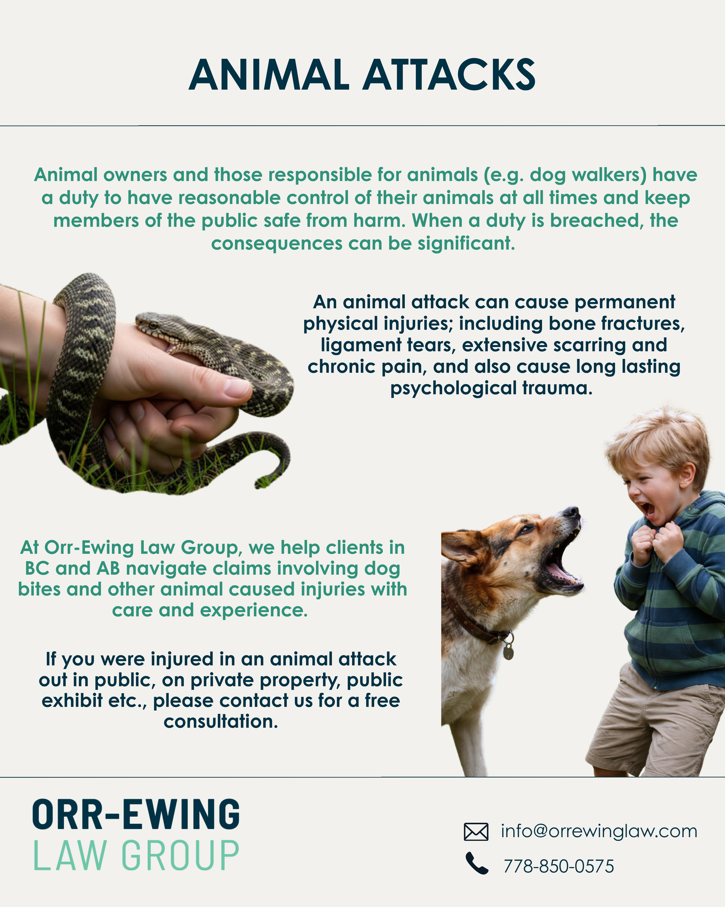 Animal attacks can lead to serious injuries. We’re here to help you navigate the next steps. If you have been injured, contact us for a free consultation.