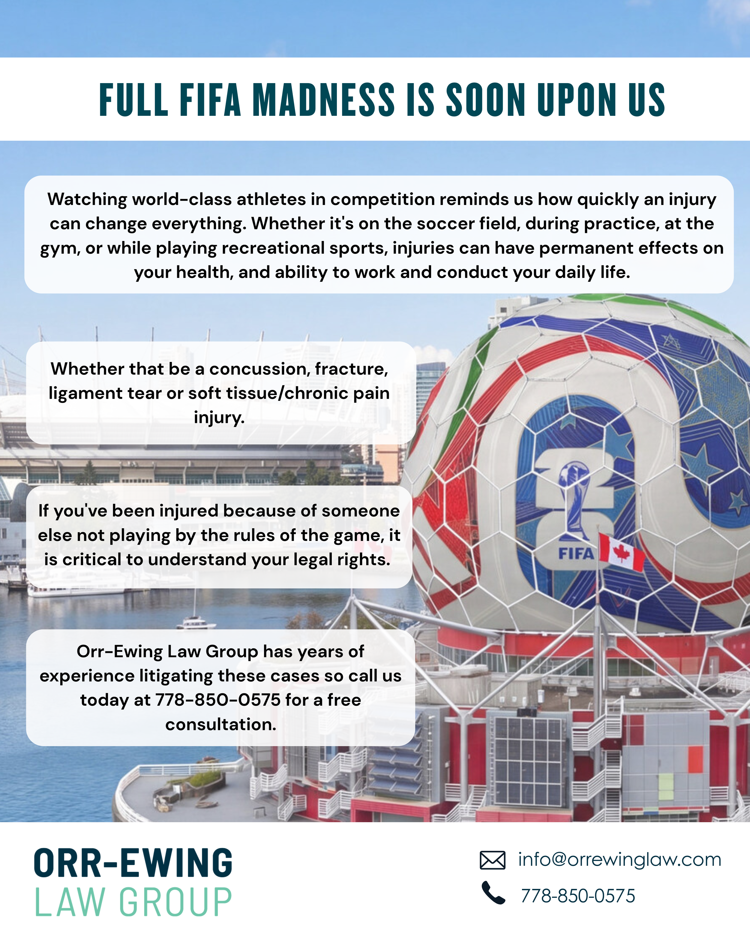⚽ FIFA madness is soon upon us but injuries don’t take a timeout!

Sports injuries can have lasting consequences. From torn ligaments to concussions, knowing your rights after an injury is just as important as knowing the rules of the game.

If an in