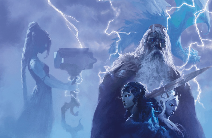 A fantasy scene with a woman wielding a hammer, an intimidating old warrior with a sword, and two women standing in front of lightning and stormy sky.