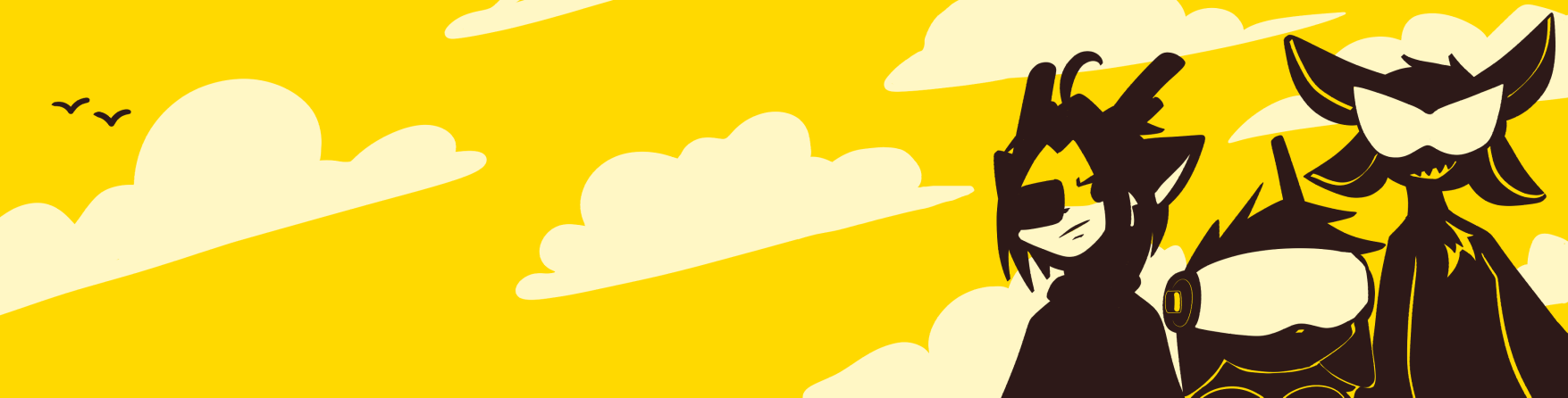 A deer, a vampire bunny and an Avali drawn as stylized shadows on top of a yellow background with white clouds.