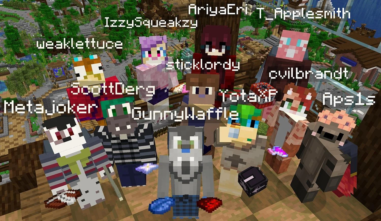 An in-game Minecraft screenshot depicting a group of players, consisting of the Foxglove community affiliates and staff members that built Spawn Island, all looking at the viewer. Much of the island is seen in the background.