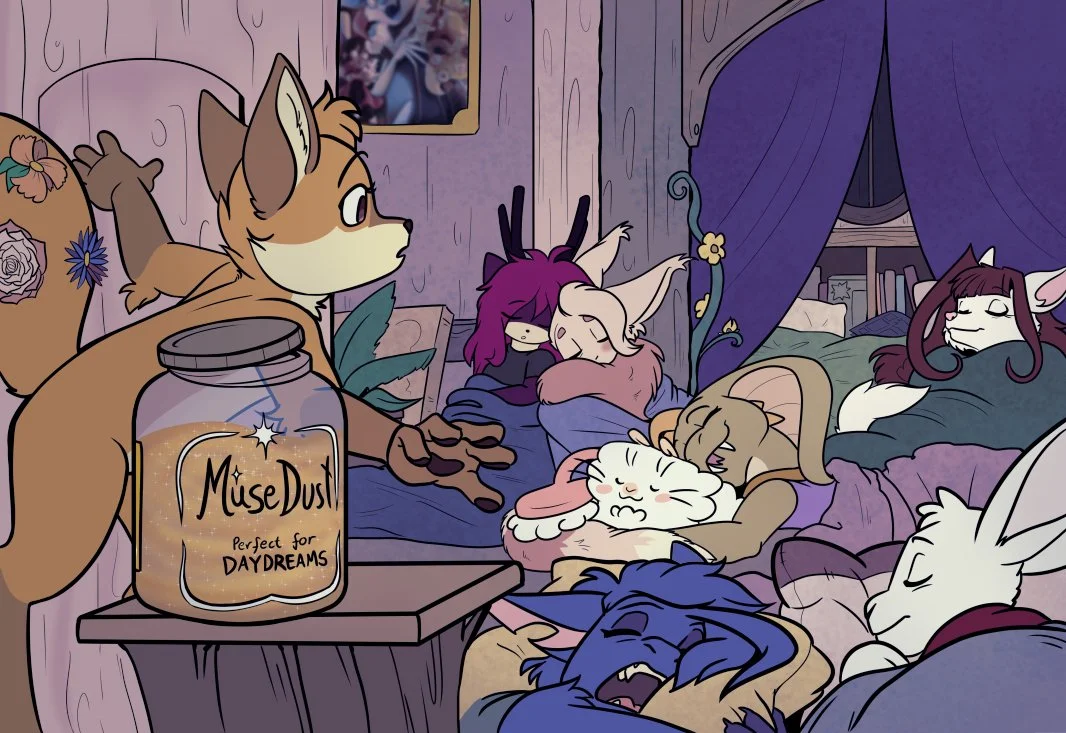 Several Foxglove Comics characters are having a crowded sleepover in a cozy living room with a purple color scheme. Foxglove, an orange and cream colored fox, is sneaking past a side table holding a jar labeled 'MuseDust, perfect for DAYDREAMS'.